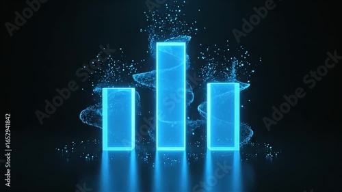 A futuristic bar graph with three glowing blue columns of varying heights surrounded by swirling digital particles.