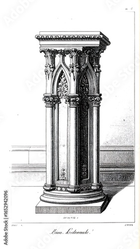 Detailed engraving of a Gothic-style pedestal, showcasing intricate architectural carvings and a square column