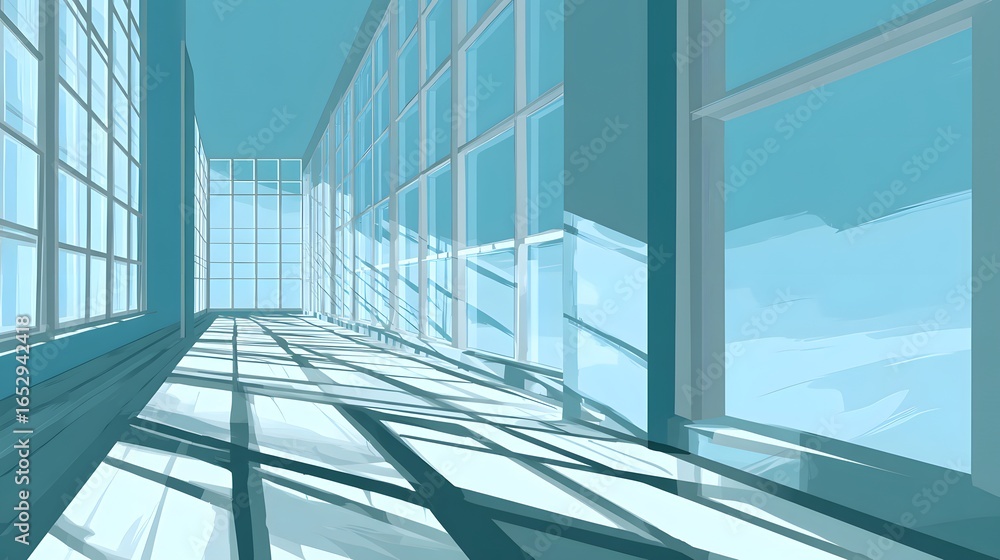 Obraz premium A bright, airy interior design of a modern office space with a multitude of large windows, showcasing light and shadow patterns on the floor.