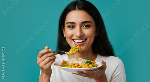 Smiling Woman Eating Healthy Vegetable Curry with Rice