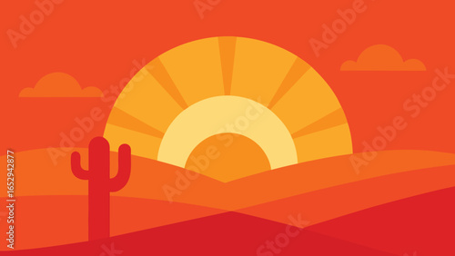 Desert Landscape with Cactus and Sun at Sunset vector illustration transparency background