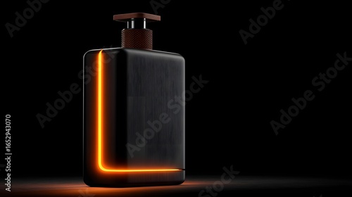 A dark, modern perfume bottle with a glowing orange accent highlights its sleek design.