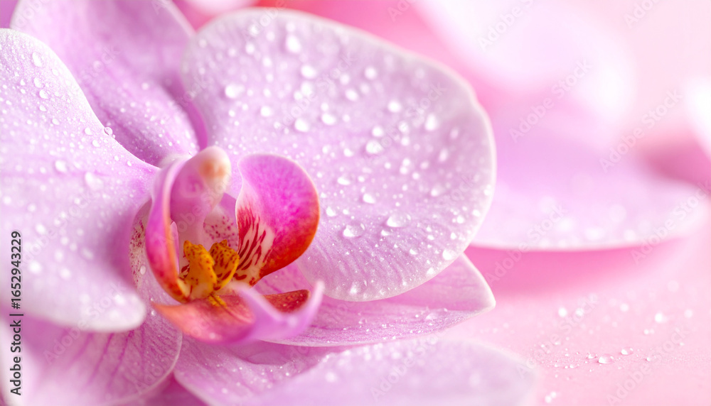 Fototapeta premium Close-up reveals serene pink orchid adorned with glistening water droplets
