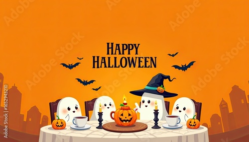 Happy halloween with cute ghosts, pumpkin, bats, and a witch hat on a spooky tree, set against an orange background with a festive atmosphere perfect for holiday celebrations and decorations