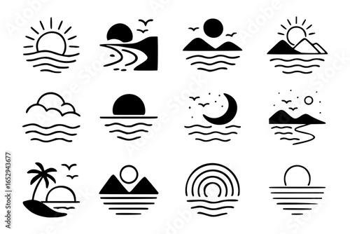 Stylized landscape vector icons with celestial elements, perfect for travel, weather, or outdoor themes. Monochrome vector icons of scenic views including mountains, water, palm trees
