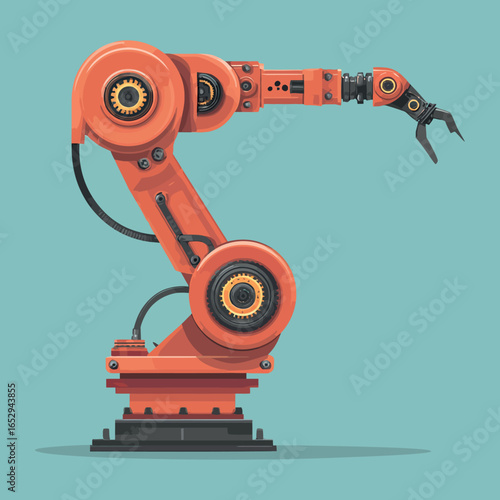 Illustration of an orange industrial robot arm with gears and a claw on a light blue background