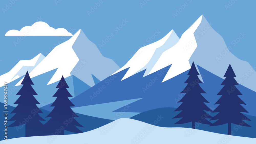 Fototapeta premium Flat Design Snowy Mountain Landscape with Pine Trees and Clouds winter mountains transparency background