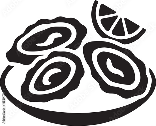 Silhouette of fresh oysters served on a plate, simple black icon for food design projects.