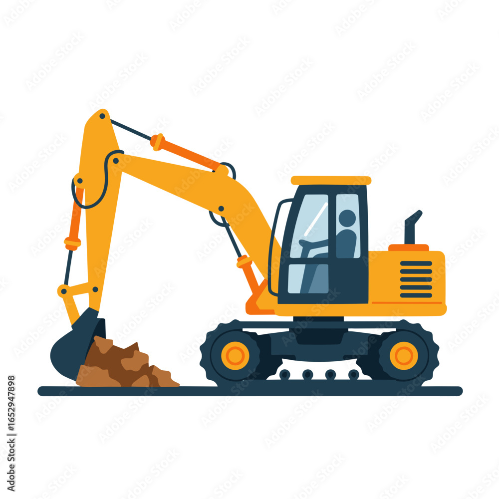 Excavator digging earth in construction site with operator visible Excavator digging earth in construction site with operator visible