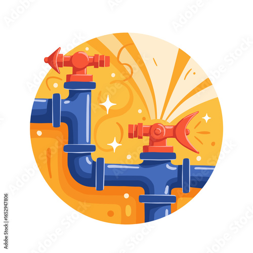 Cartoon plumbing pipes with valves and water splash in circular design  