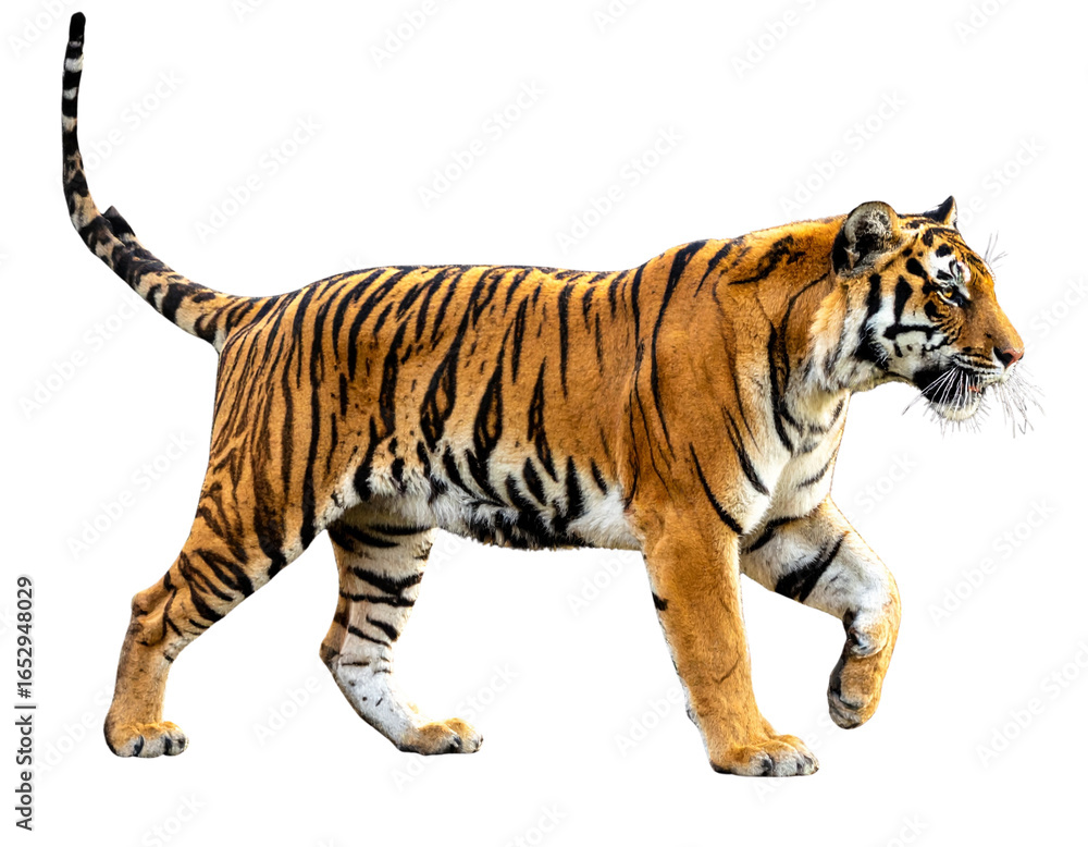 Obraz premium Majestic Bengal Tiger Striding Forward, Full Body Front View, Isolated on Transparent Background