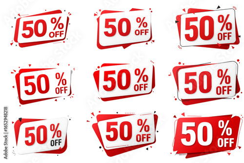 Collection of vibrant red 50% OFF discount badges, dynamic vector design, isolated on transparent background for e-commerce promotions, sales campaigns, and marketing materials.