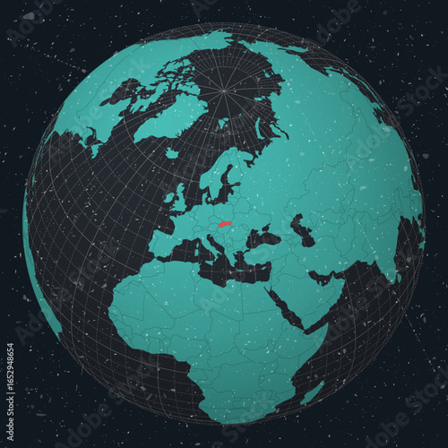 Slovakia on Globe. Vintage look with grunge scratched texture. Country view on world map in Dark Charcoal Turquoise color palette. Slovakia shape on map. Globe with meridians and parallels.