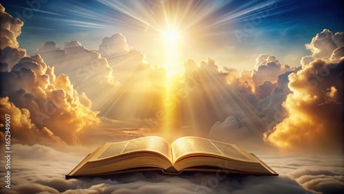 Majestic holy bible illuminated by golden light shining through soft white clouds in a serene natural setting