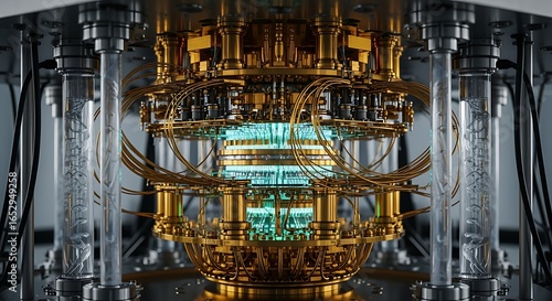 Quantum Computer Core with Glowing Energy Sphere Surrounded by Metallic Components and Wires in Futuristic Lab