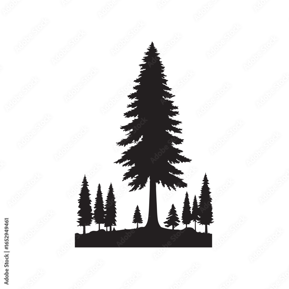 Obraz premium Black Color Cedar Tree Silhouette Vector Illustration, Solid White Background.