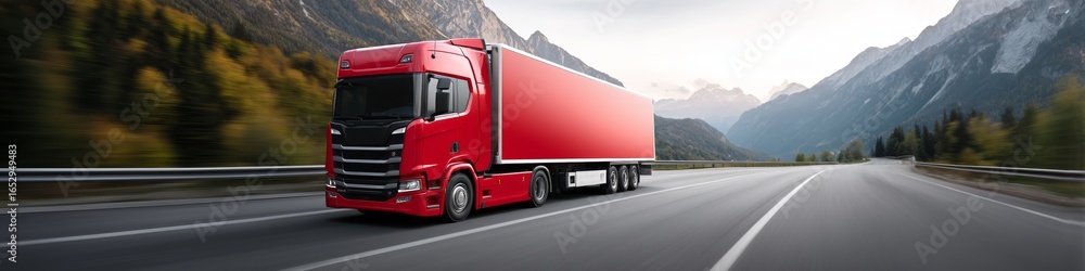 Fototapeta premium Red truck on highway. Cargo shipping and logistics concept. Delivery of goods by road. Transport industry and road transport.