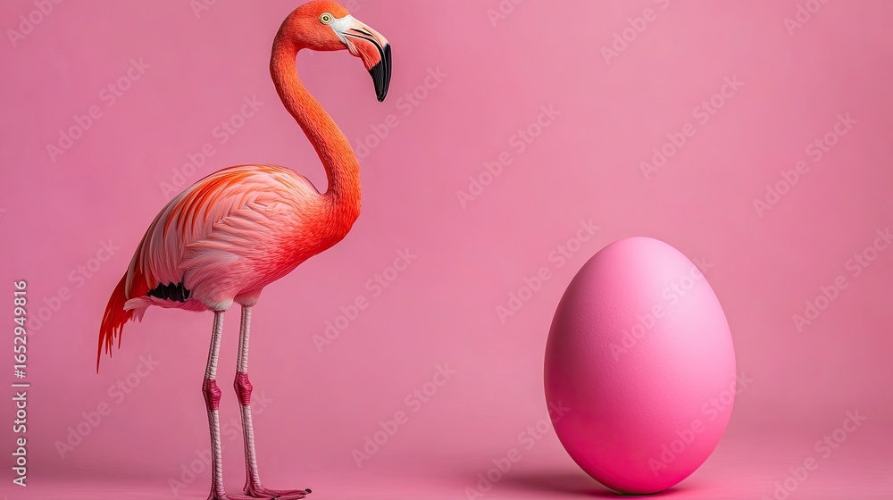 Fototapeta premium Flamingo gazes at a large pink egg against a matching pink backdrop