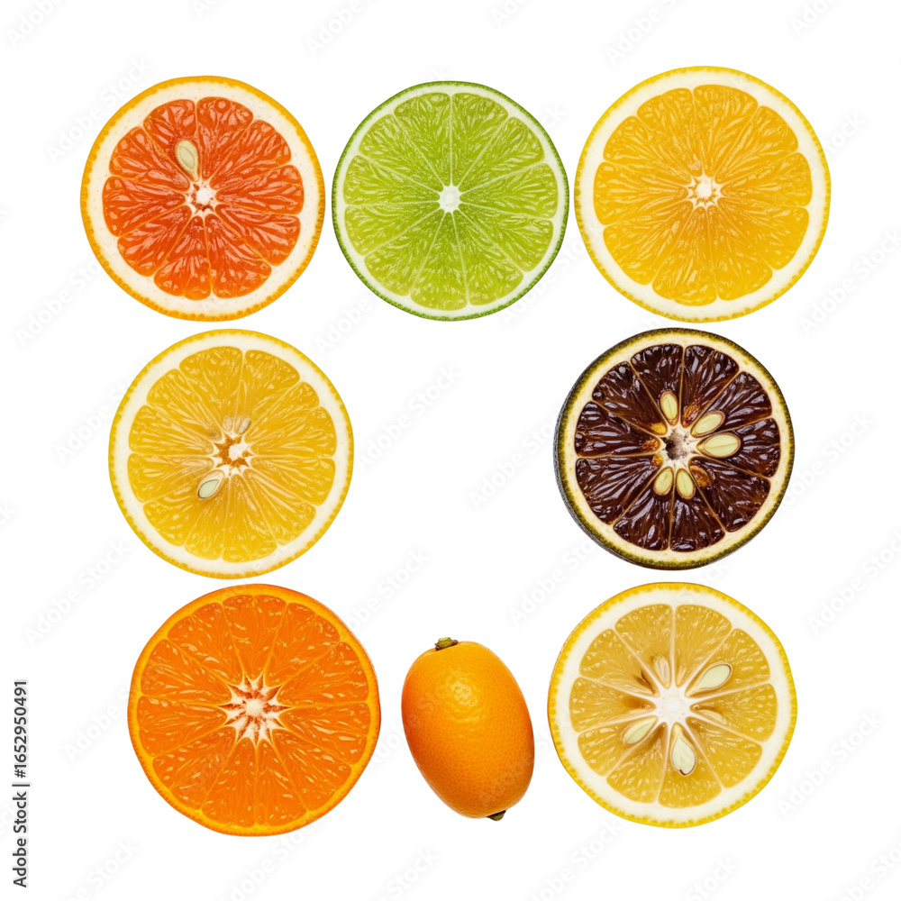 Obraz premium Colorful assortment of sliced citrus fruits and a kumquat