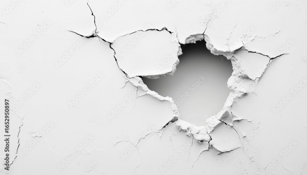 Obraz premium Old Cement Wall With Cracks And A Hole, Displaying White Cracked Concrete. Weathered And Decayed Ure Cement Wall With Defects.
