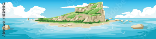 Landscape of mountainous island surrounded by forests and pristine beaches. beautiful sea with scattered protruding rock formations. Under blue sky and white clouds. For banner nature background.