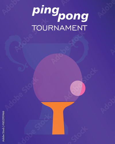 Ping pong tournament banner, competition team sport, flat design, cup icons, racket, whitewasher concept. Table tennis championship poster, winner, champion, victory, active hobby, training racket 