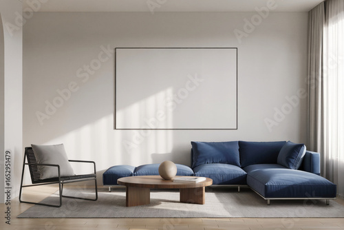 Wallpaper Mural Modern minimalist living room interior: blue sectional sofa, wooden coffee table, and large blank canvas. Torontodigital.ca