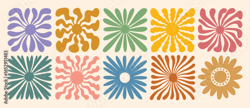 retro groovy flower daisy naive icon doodle hand drawn set. abstract wavy ray logo in trendy 70s style. boho colorful groovy sun psychedelic vintage background or summer poster