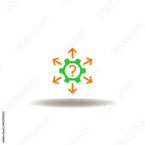 Vector illustration of gear wheel with question mark and arrows outside. Symbol of FAQ questions answers.