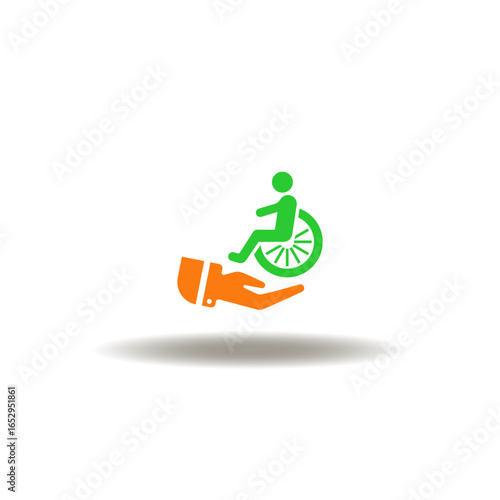 Vector illustration of hand holding disabled person on wheelchair. Symbol of DEI Diversity Equality Inclusion Belonging Solidarity.