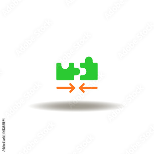 Vector illustration of puzzle pieces arrows towards each other. Symbol of merger and acquisition. Icon of cooperation.