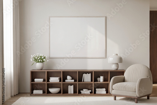 Wallpaper Mural Modern minimalist living room interior with large blank canvas, wooden shelving, and beige armchair. Torontodigital.ca