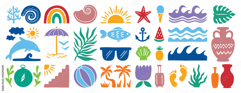 Obraz premium retro groovy boho geometric summer surf beach or palm tree set. beach elements hand drawn cartoon doodle signs