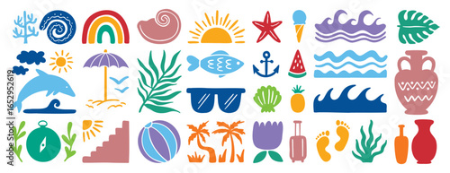 retro groovy boho geometric summer surf beach or palm tree set. beach elements hand drawn cartoon doodle signs