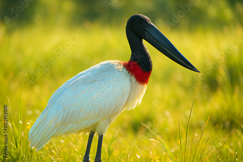 Jabiru stork standing in green grassland with long black beak and red neck