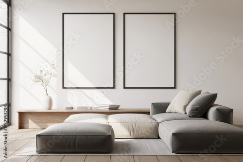 Wallpaper Mural Modern minimalist living room interior with two blank frames, grey sofa, and natural light. Torontodigital.ca