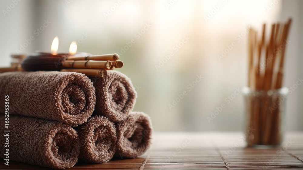 Fototapeta premium Aromatherapy Arrangement with Spa Towels, Scented Candle, and Wooden Table in Serene Atmosphere