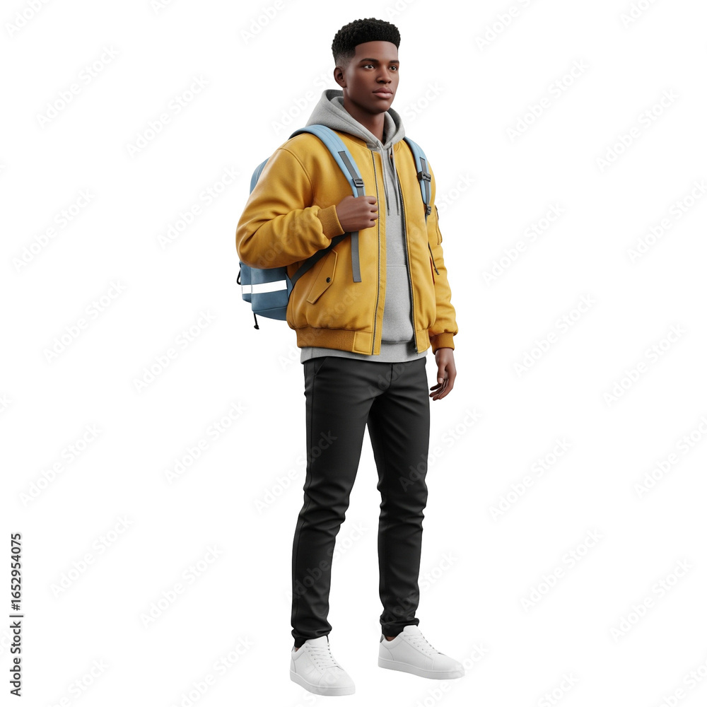 Naklejka premium Young Person Wearing Mustard Jacket Gray Hoodie and Backpack on White Background
