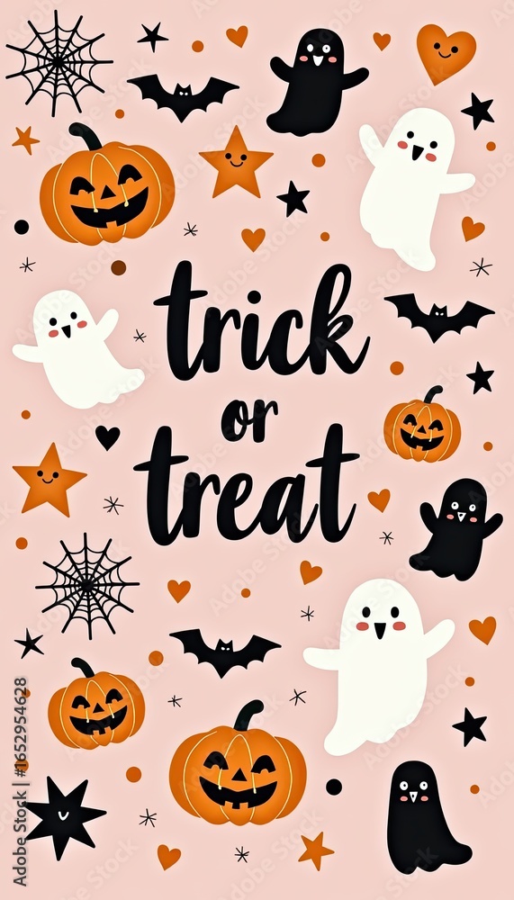 Obraz premium Cute halloween illustration with the text trick or treat surrounded by playful ghosts, smiling pumpkins, bats, and hearts on a pink background, perfect for festive decorations and holiday designs