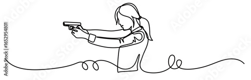 continuous line art of a woman shooting and aiming with a gun. shooting practice concept. training focus