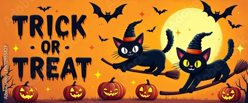 Spooky halloween night with flying black cats wearing witch hats on broomsticks, illuminated jackolanterns, bats, and a full moon, with the text trick or treat