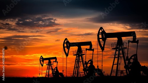 Oil pump jacks operating at sunset with dramatic sky, silhouette of oil drilling rigs in petroleum field, energy production and crude oil extraction in industrial landscape