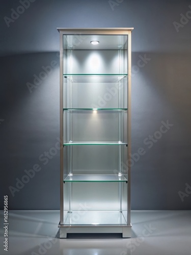 Empty glass display case with illuminated shelves on a gray background