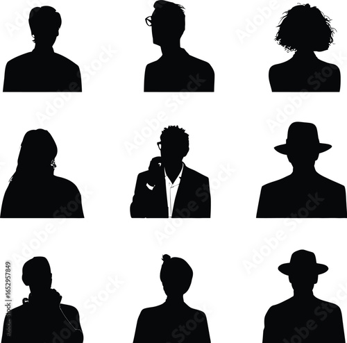 Silhouette portraits of diverse individuals showcasing various hairstyles and accessories in a grid layout