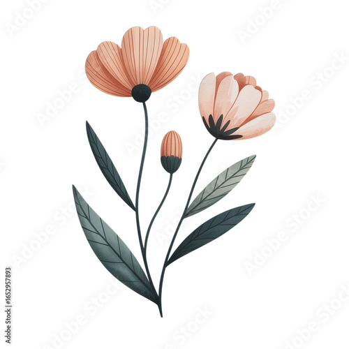 Watercolor illustration of peach flowers with leaves on black background