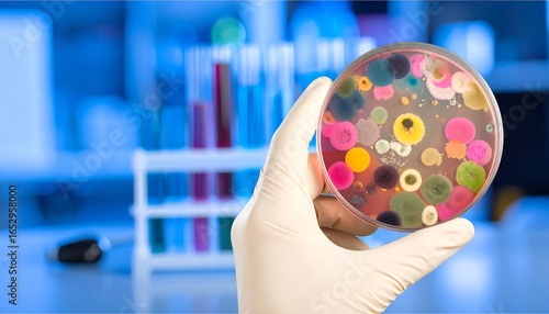 Petri dish with colorful bacterial cultures held in a gloved hand. Blurry lab setting in the background