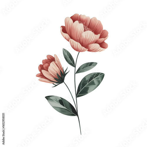 A watercolor illustration of two peach colored flowers on a stem