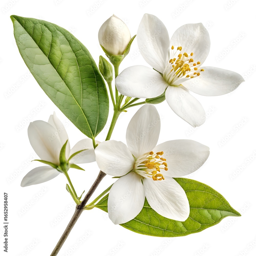 Obraz premium Italian Jasmine Bright Golden-Yellow Bloom with Glossy Green Leaves Radiating Cheerful Energy and Fragrant Mediterranean Charm on a Pure White Background