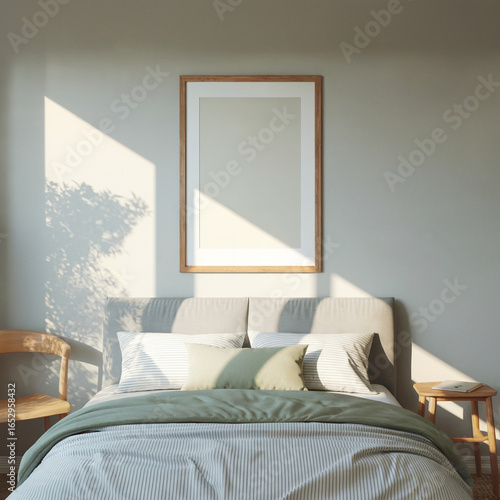Wallpaper Mural Serene Minimalist Bedroom Mockup:  Sunlight, Wooden Frame, Green Bedding, and Calm Atmosphere. Torontodigital.ca