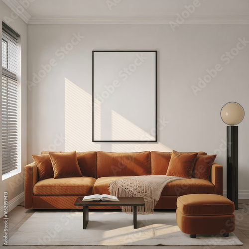 Wallpaper Mural Modern minimalist living room interior: burnt orange velvet sofa,  blank canvas mockup, and warm sunlight. Torontodigital.ca